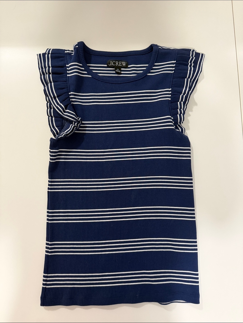 J. Crew Navy & White Striped Ruffle Tank